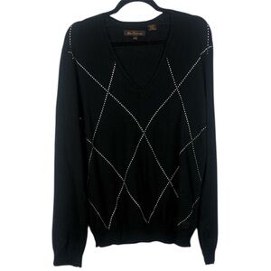 Ben Sherman Black White Argyle Cotton Merino Wool Blend Long Sleeve Sweater